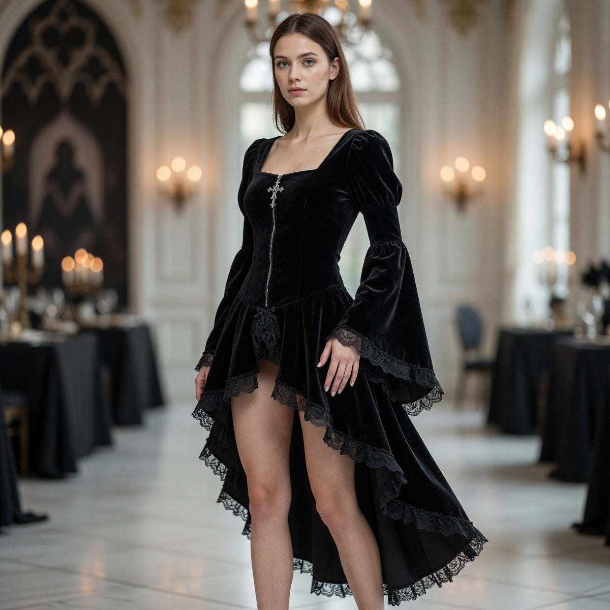 Gothic Cosplay Dress with Lace and Zipper lifestyle