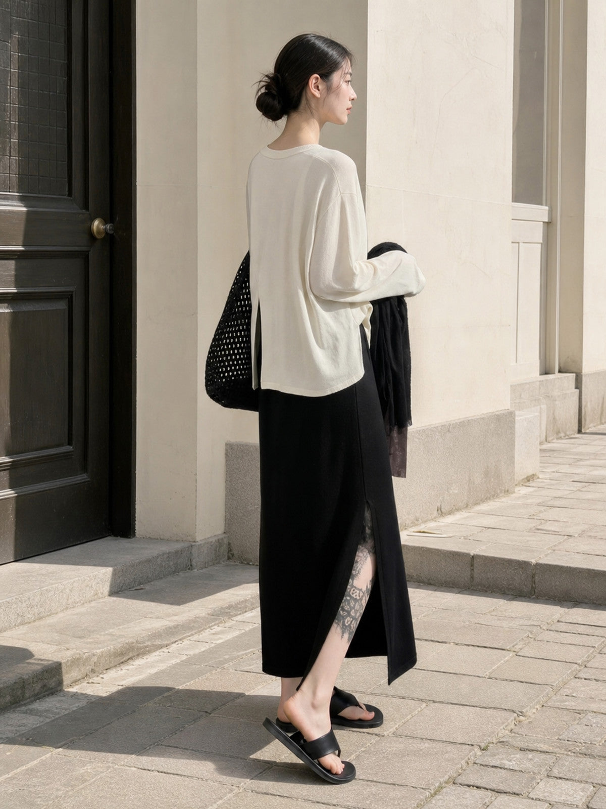 Women's Long Black Straight-Cut Skirt with Slit product detail