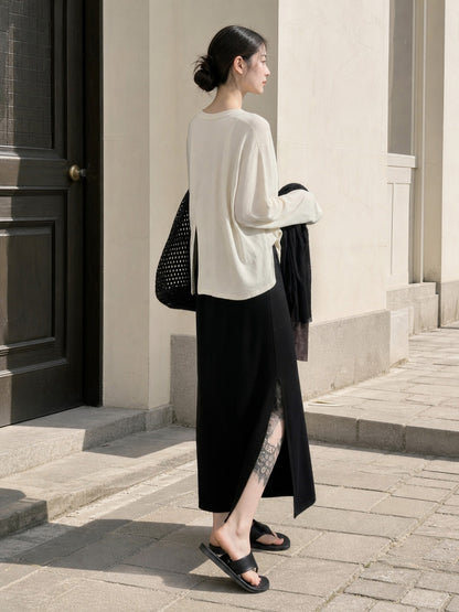 Women's Long Black Straight-Cut Skirt with Slit product detail