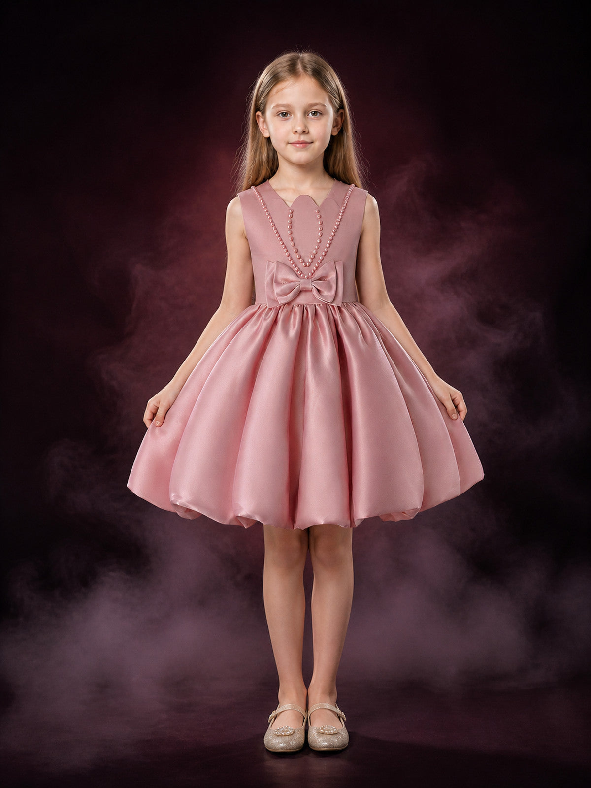 Girls' Dusty Pink Princess Formal Dress, Sleeveless Bow and Pearl Chain Detail main product view