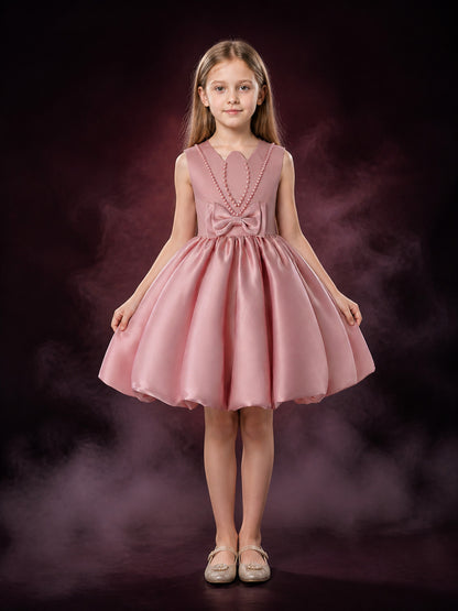 Girls' Dusty Pink Princess Formal Dress, Sleeveless Bow and Pearl Chain Detail main product view