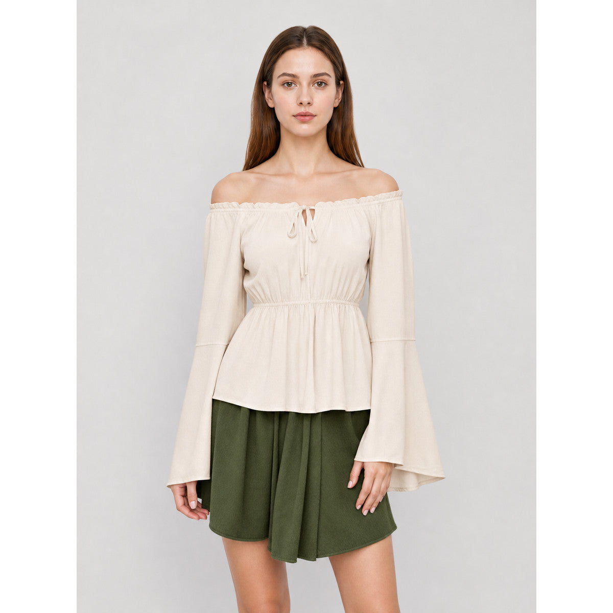Off-the-Shoulder Blouse with Flared Sleeves on-model view