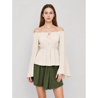 Off-the-Shoulder Blouse with Flared Sleeves on-model view