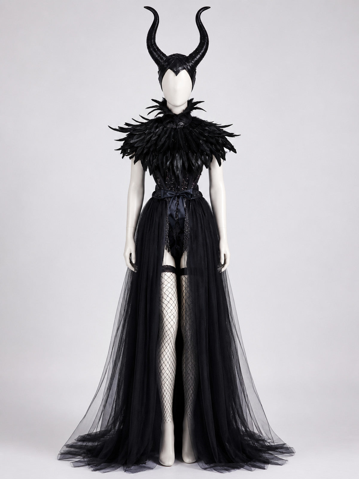 Character Costume: Black Corset Dress, Horns, Scepter on-model view