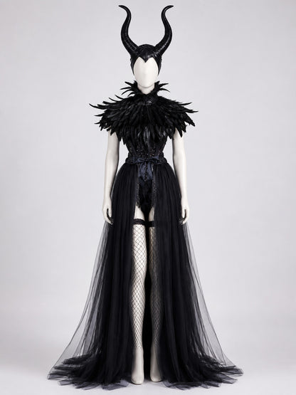 Character Costume: Black Corset Dress, Horns, Scepter on-model view