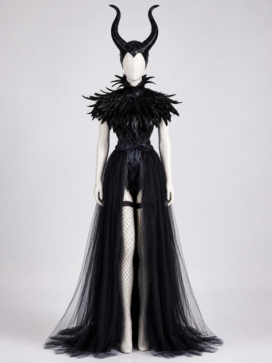 Full-body mannequin wearing a black floor-length dress with sheer overskirt, feathered shoulder collar, tall curved horns, and fishnet stockings
