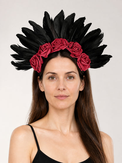 Carnival Headband with a Red Rose and Black Feathers