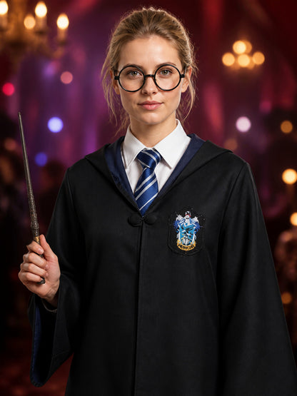 Wizard Costume Set With Hooded Robe, Striped Tie And Round Glasses on-model view