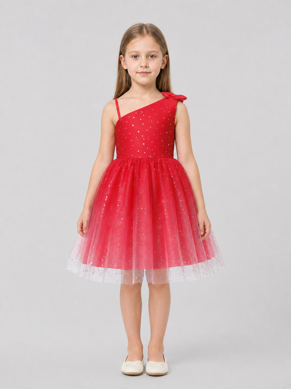 Children’s sequin princess dress with a bow and stars on-model view
