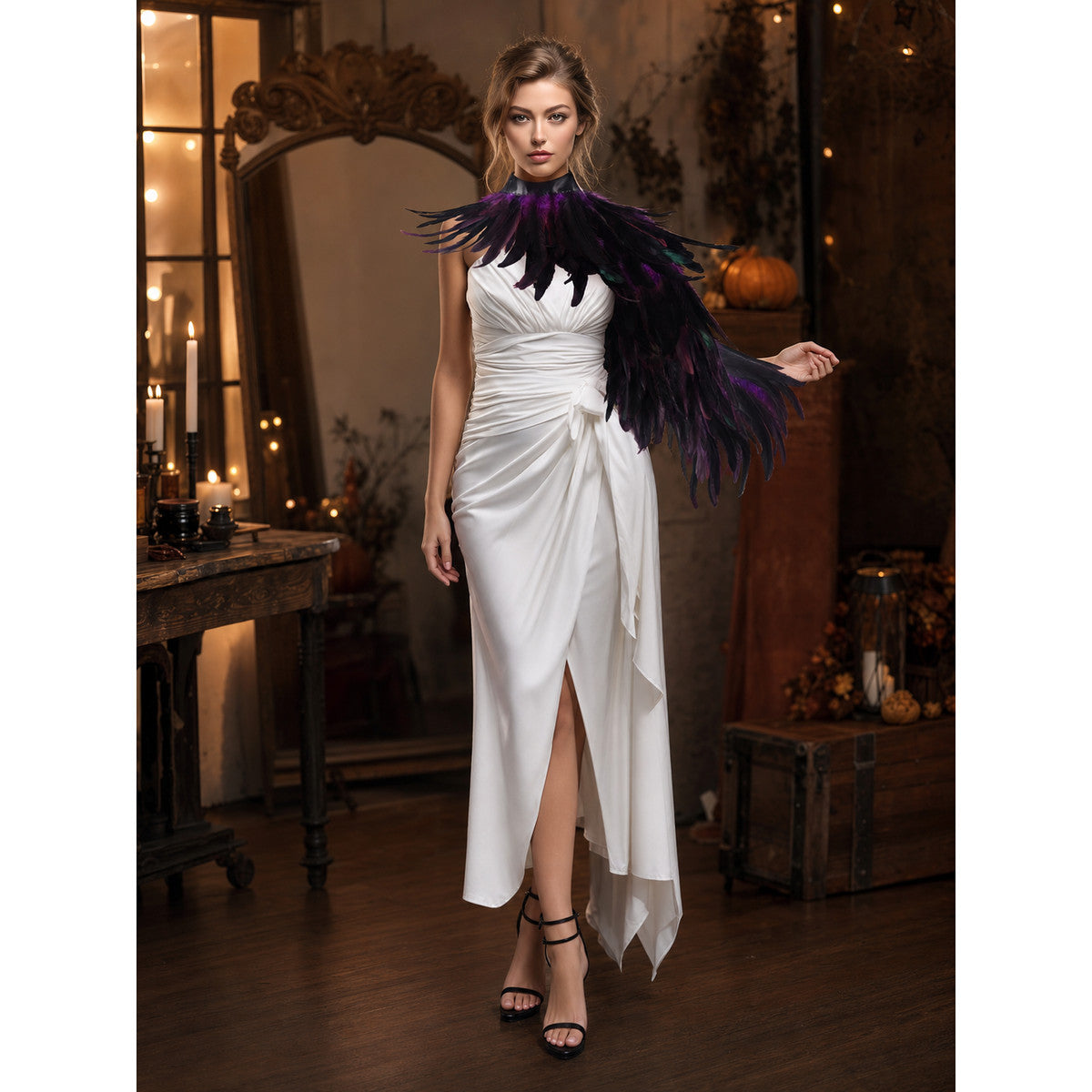 Purple Black Feather Cape Asymmetric One Shoulder Draped Cape Multi-Layer Irregular Feather Trim Neck Wrap Stage Performance Costume Cape