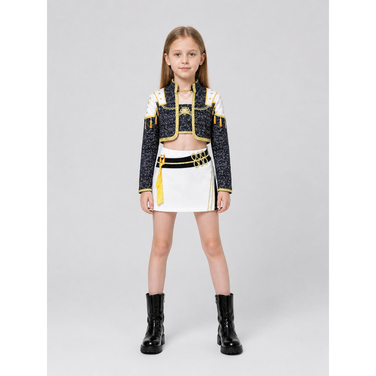 Black-and-Gold Cosplay Costume with White Skirt on-model view