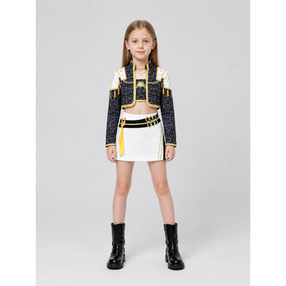 Black-and-Gold Cosplay Costume with White Skirt on-model view