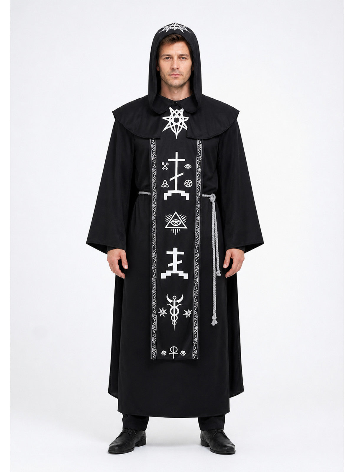 Black Hooded Robe with White Symbols for Cosplay main product view