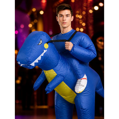Inflatable Dinosaur Costume, Blue Dino Full Body Suit with Tail and White Teeth on-model view