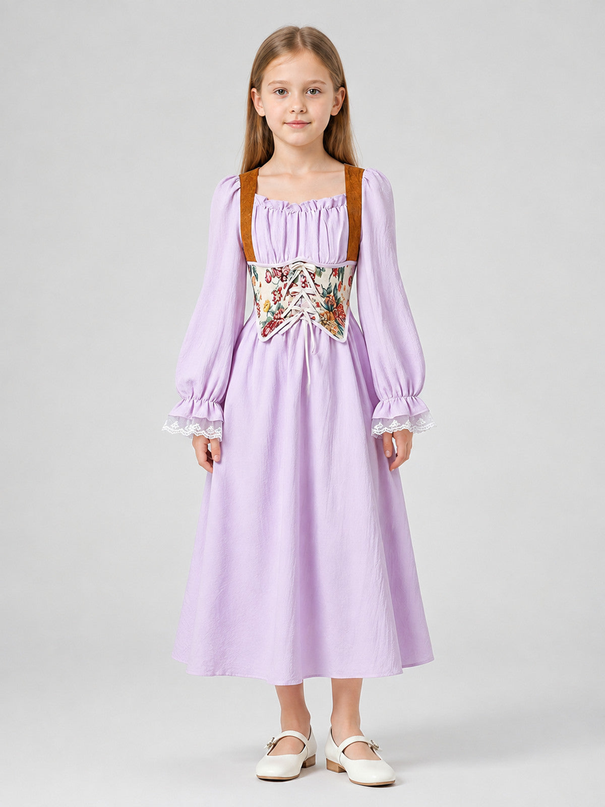 Lavender Dress for Girls with a Corset Panel on-model view