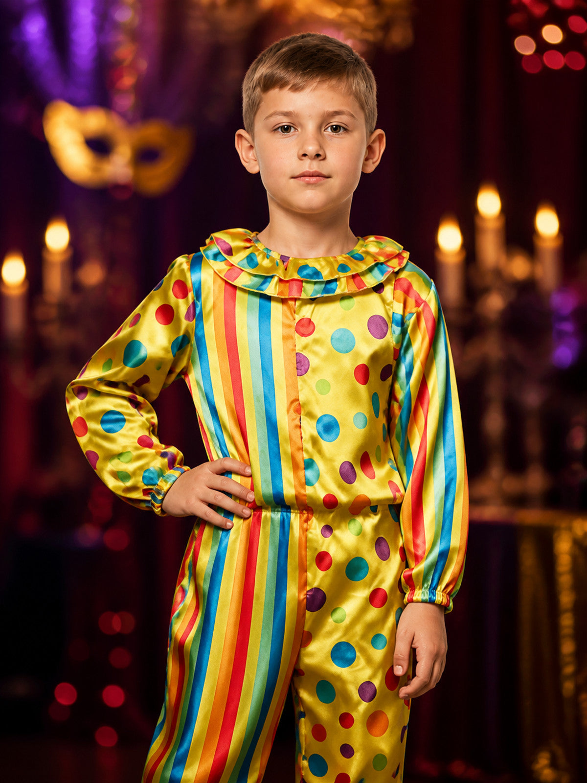 Kids' Colorful Clown Jumpsuit Costume, Striped Polka Dot Long-Sleeve Outfit on-model view