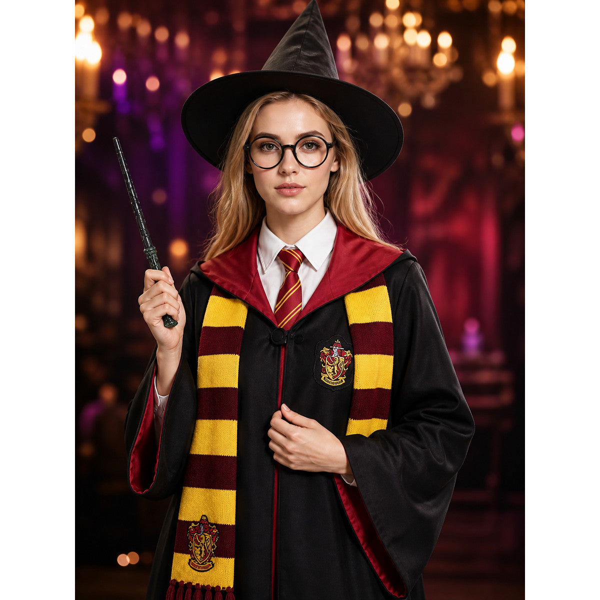 Unisex Gryffindor Style Wizard Costume Set, Complete Outfit with Robe, Shirt