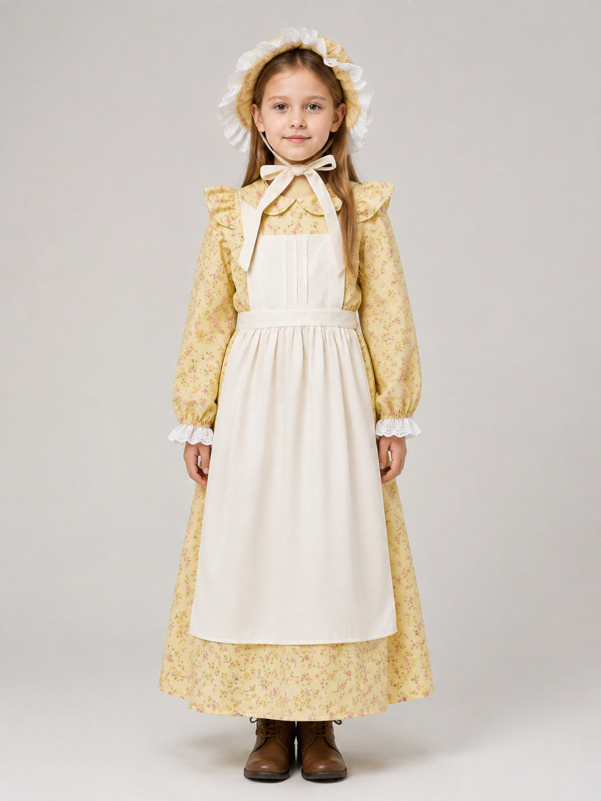 Children’s Carnival Costume: Dress, Apron, Bonnet on-model view