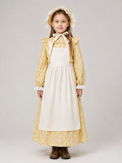 Girls' Vintage Floral Prairie Dress Costume with White Apron & Ruffled Bonnet