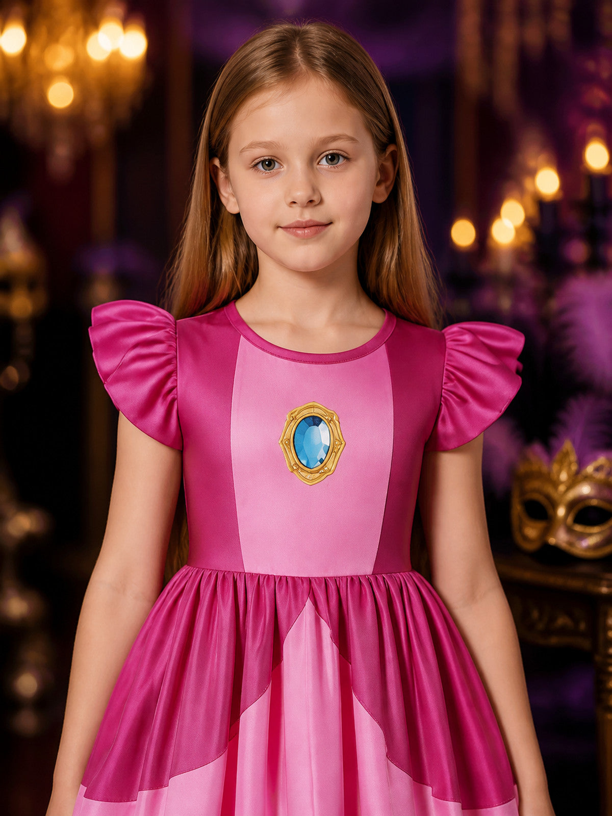 Kids Princess Peach Pink Ruffle Sleeve Dress Costume with High Waist on-model view