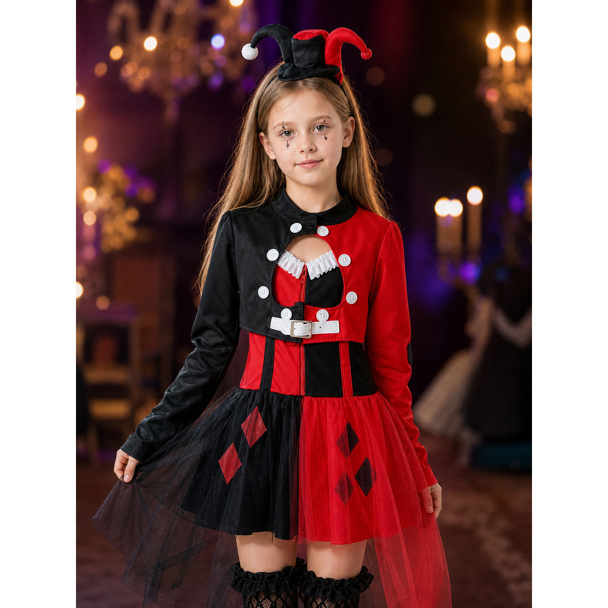 Kids Clown Circus Halloween Costume Set - Black Red Harlequin Dress with on-model view