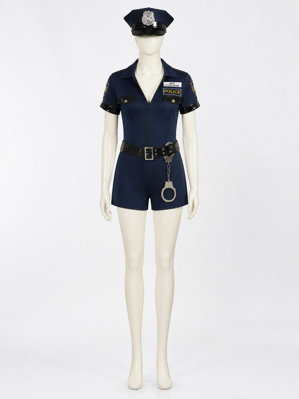 Women's Halloween Police Costume Set, Short-Sleeve V-Neck One-Piece with Hat on-model view