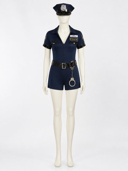 Women's Halloween Police Costume Set, Short-Sleeve V-Neck One-Piece with Hat on-model view
