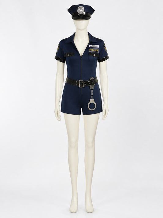 Women's Halloween Police Costume Set, Short-Sleeve V-Neck One-Piece with Hat on-model view