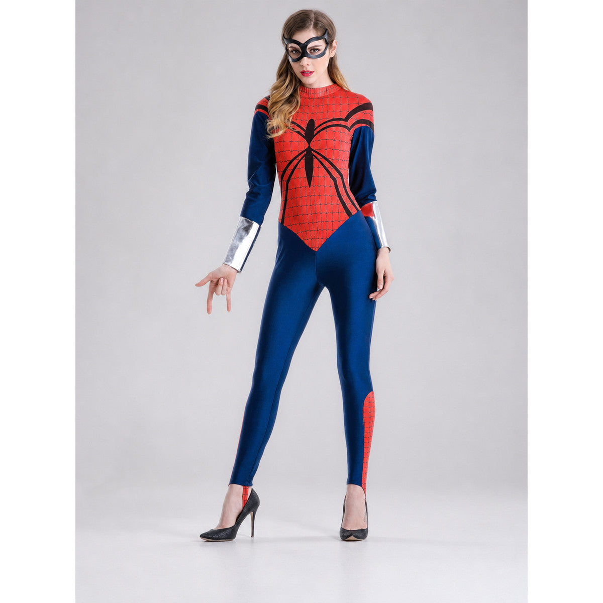 Superhero Costume: Jumpsuit with Mask and Cuffs on-model view