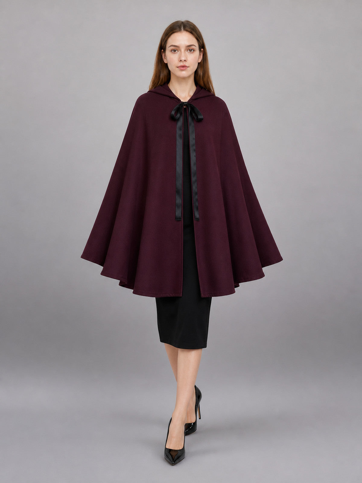 Burgundy Carnival Cloak with Hood for Cosplay front view