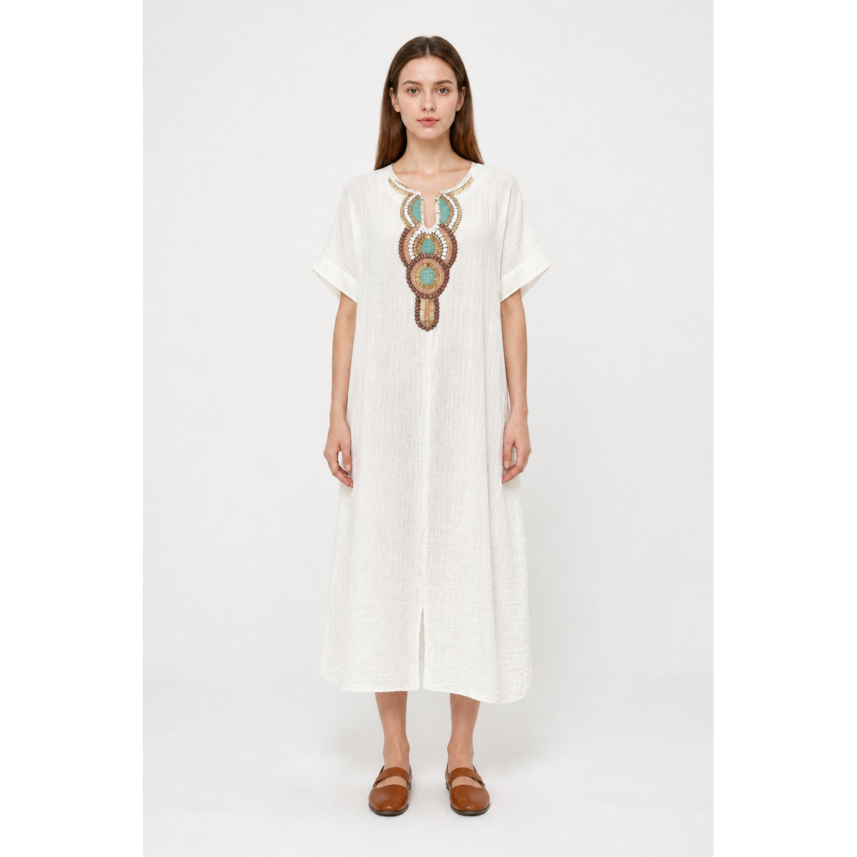 Loose-Fit Midi Dress with Beaded Embroidery
