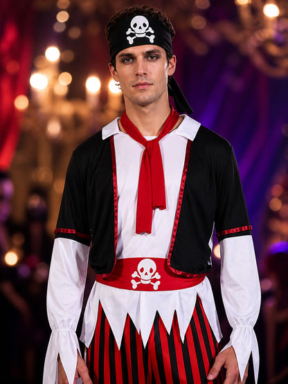 Unisex Pirate Captain Costume Set, Black Red Striped Outfit with Skull Print