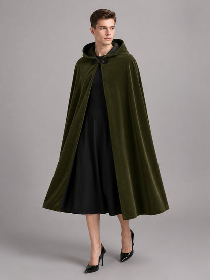 Green hooded cape with black lining, shown full-length on a model with the hood resting around the neck