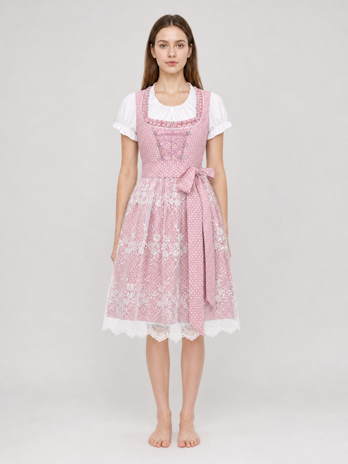 Pink and White Dirndl-Style Dress with Embroidery