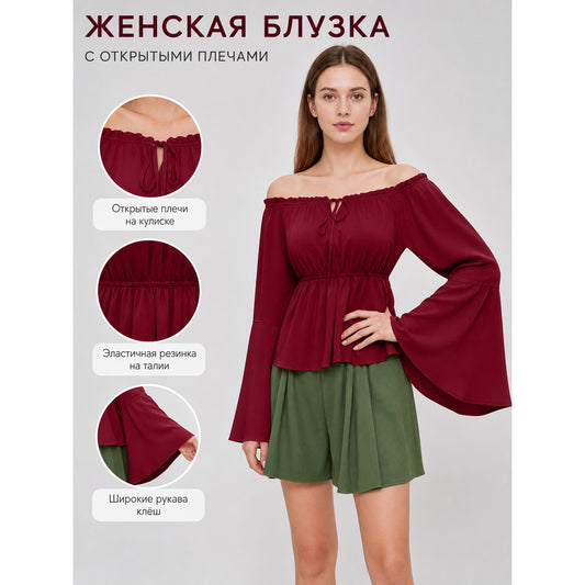 Off-the-Shoulder Blouse with Flared Cuffs