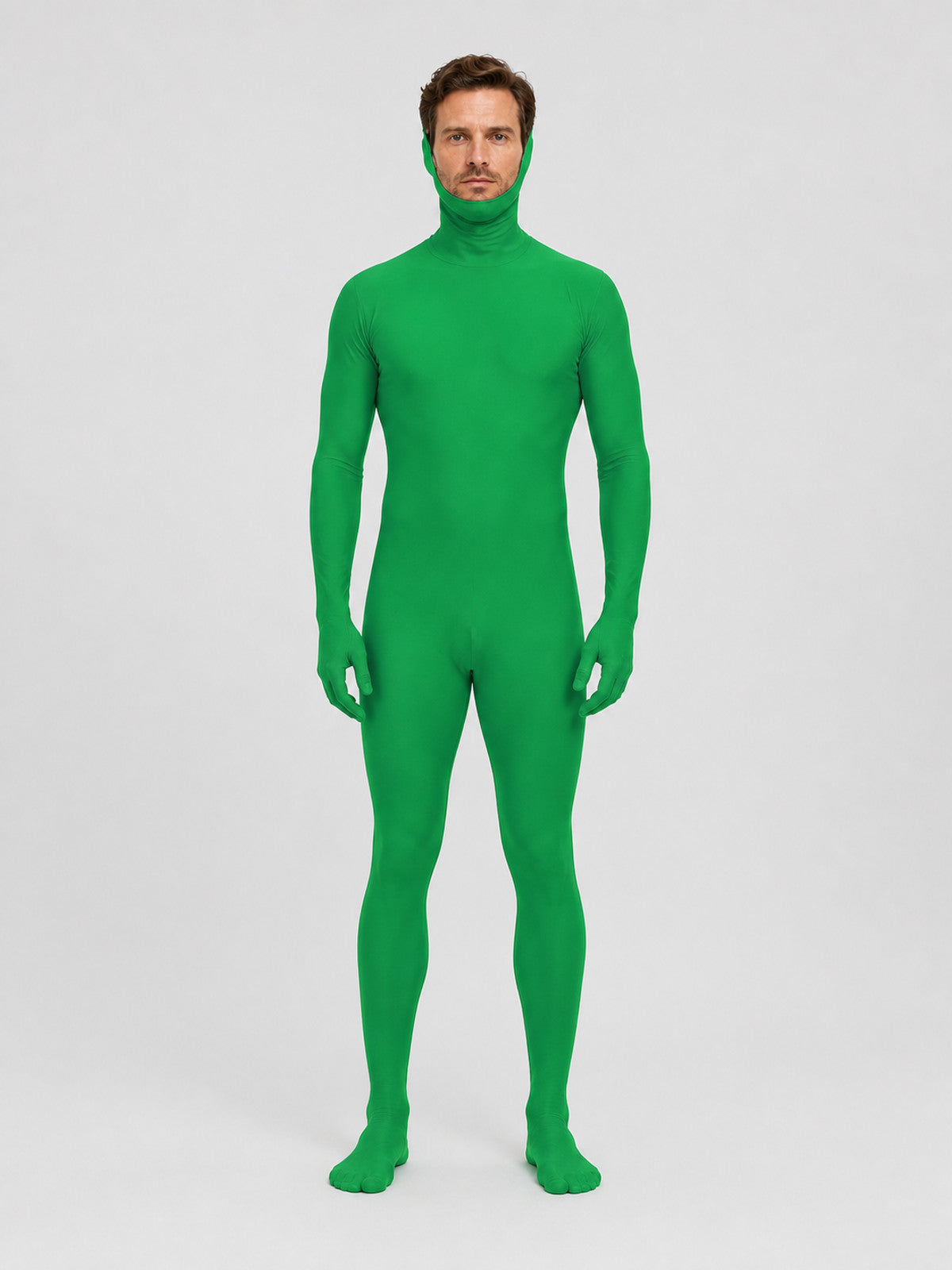 Green Fitted Jumpsuit with Open Face for Adults on-model view