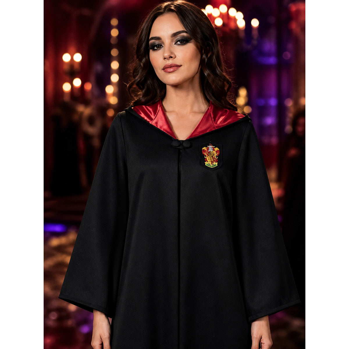 Wizard Robe Costume Set, Hooded Long Cape with School Crest and Red Gold Striped on-model view