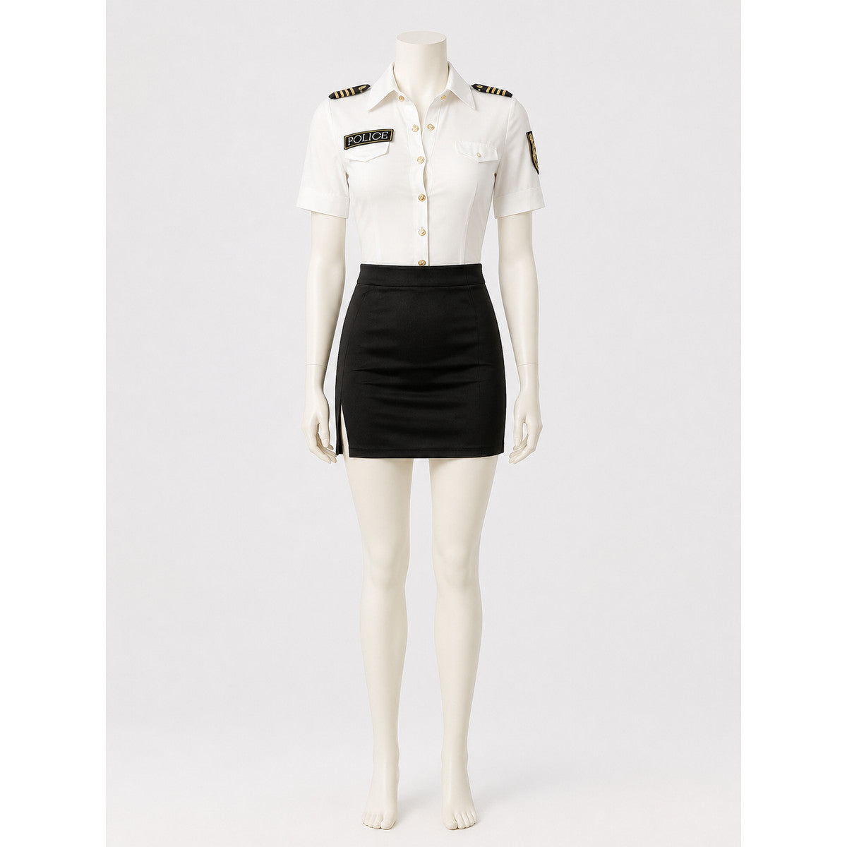 Police Officer Halloween Costume Set - White Top & Black Skirt with Badge, Gold on-model view