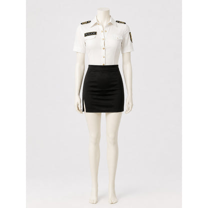 Police Officer Halloween Costume Set - White Top & Black Skirt with Badge, Gold on-model view