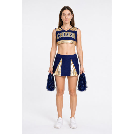 Cheerleading Uniform: Top and Skirt, Navy Blue with Gold main product view