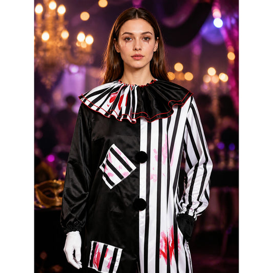 Scary Clown Jumpsuit Costume, Black White Red Ruffled One-Piece Outfit on-model view