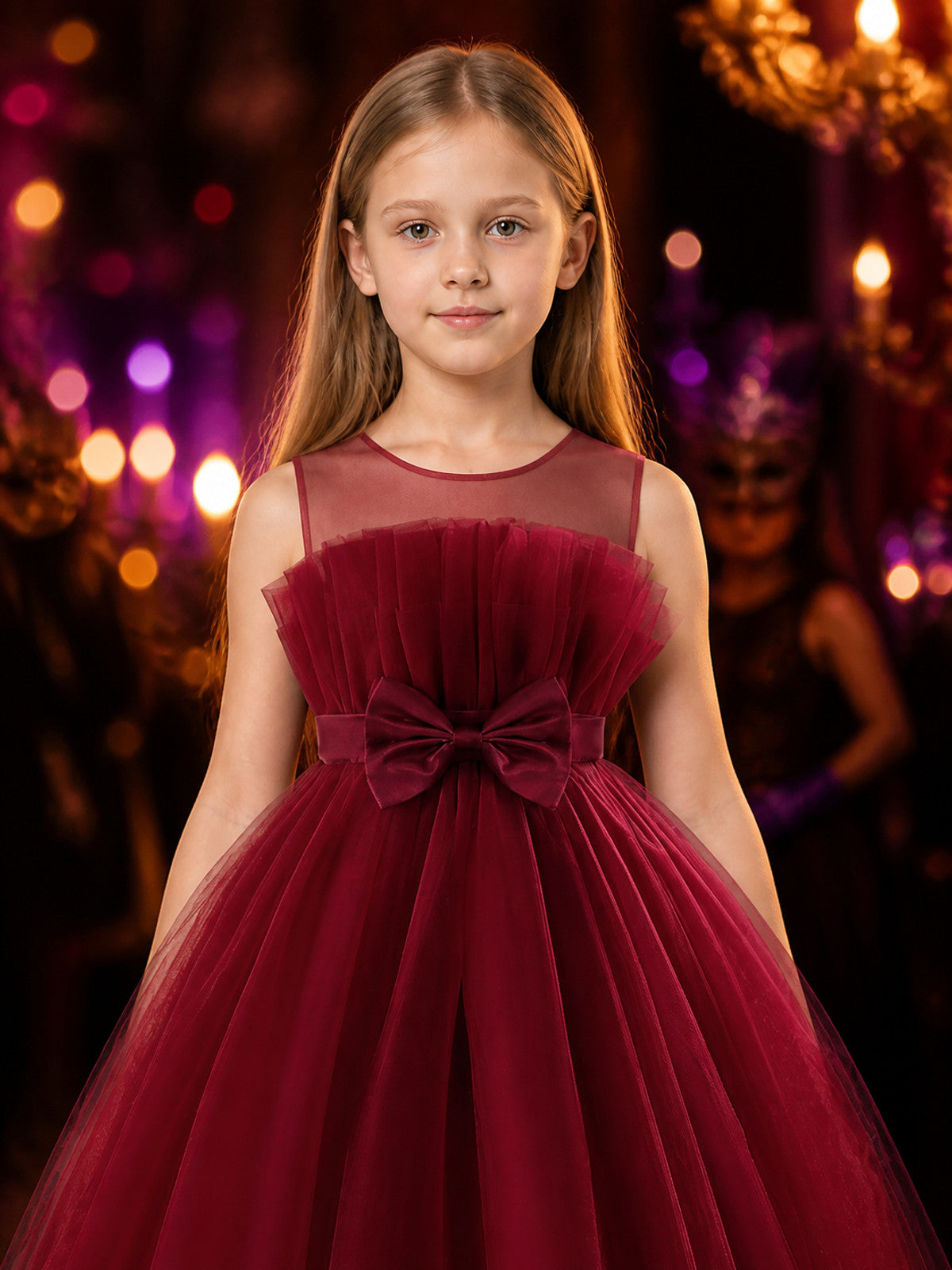 Girls' Maroon Long Flower Girl Princess Dress, Layered Tulle Skirt and Bow on-model view