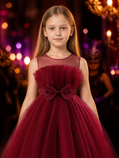 Girls' Maroon Long Flower Girl Princess Dress, Layered Tulle Skirt and Bow on-model view