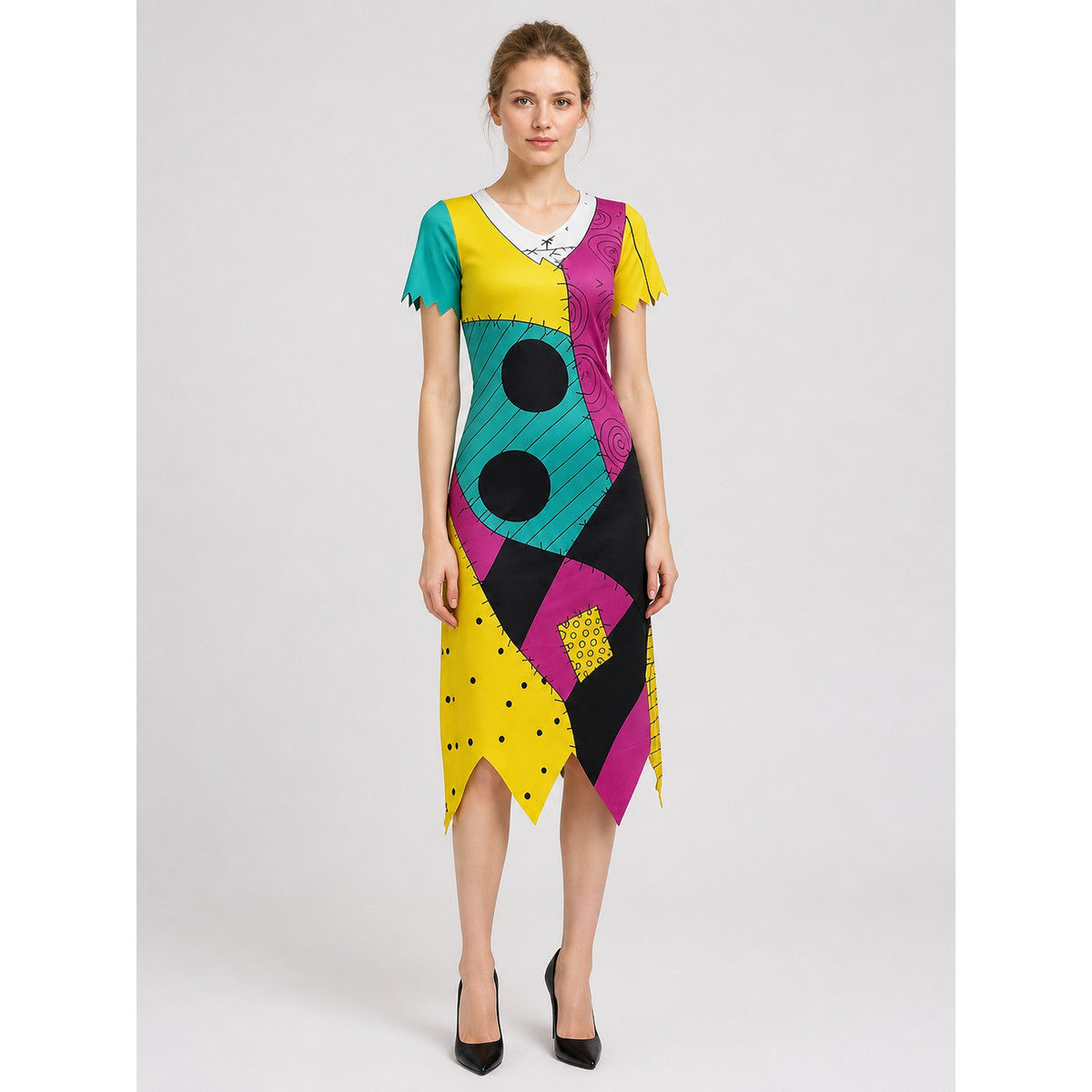 Midi Dress with Geometric Insert and Jagged Hem on-model view
