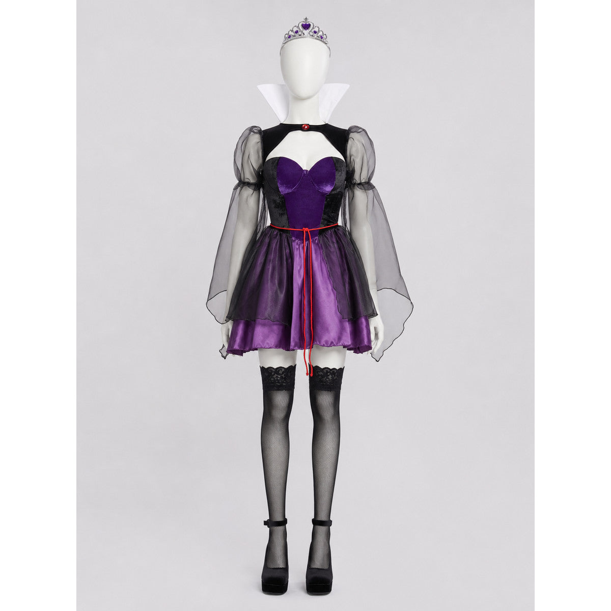 Retro Purple Dress with Corset and Cape on-model view