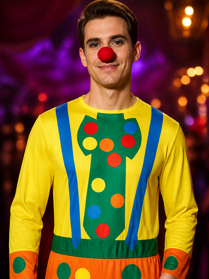 Unisex Clown Jumpsuit Costume with Polka Dot Print and Matching Hat