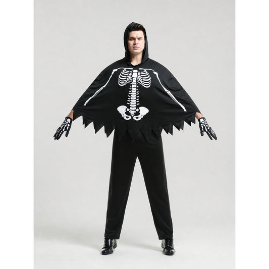 Skeleton Costume with Hood and Jagged Hem