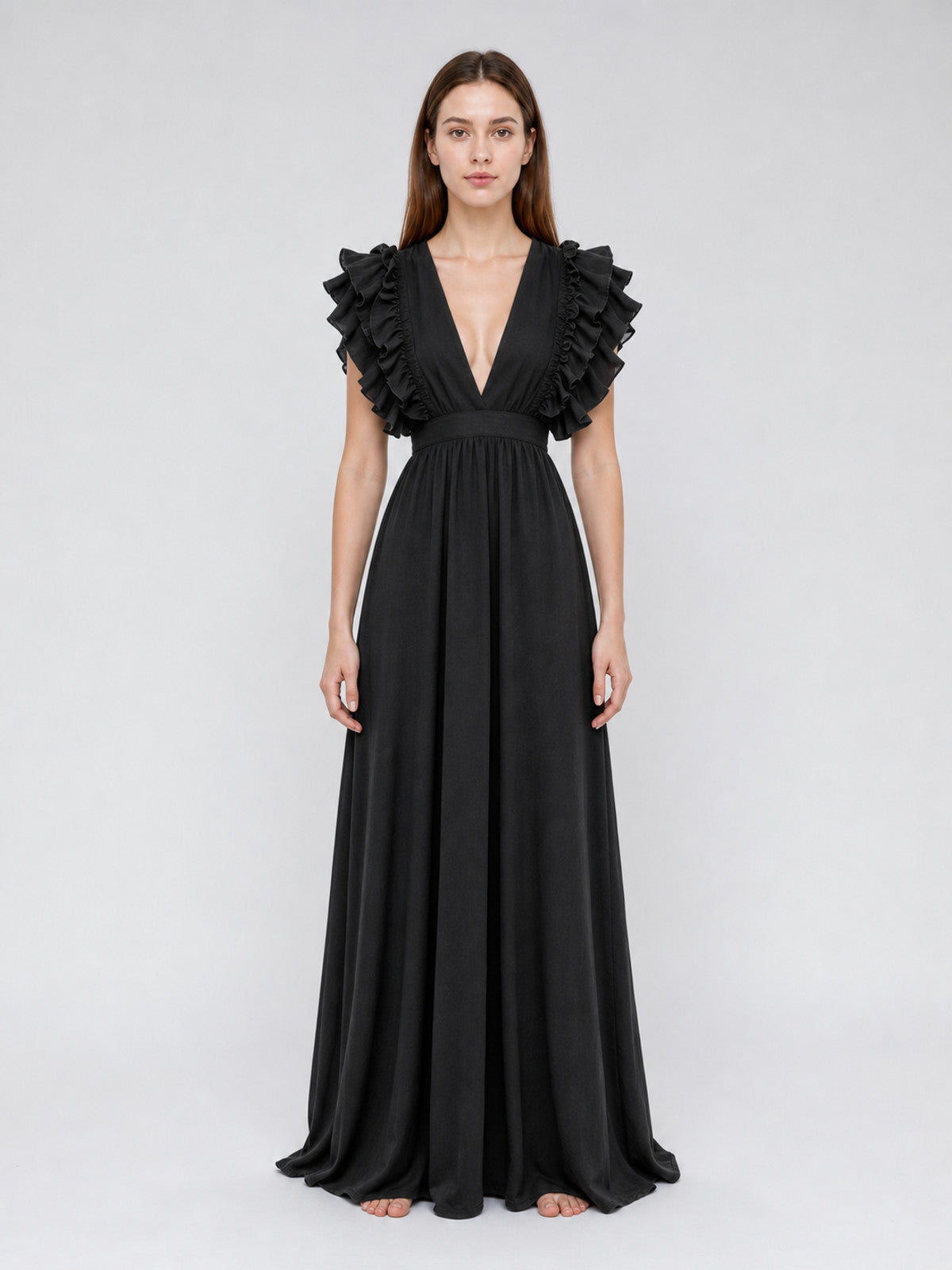 Floor-Length Evening Dress with a Deep V-Neckline front view