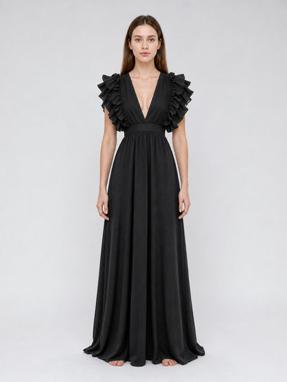Floor-Length Evening Dress with a Deep V-Neckline front view