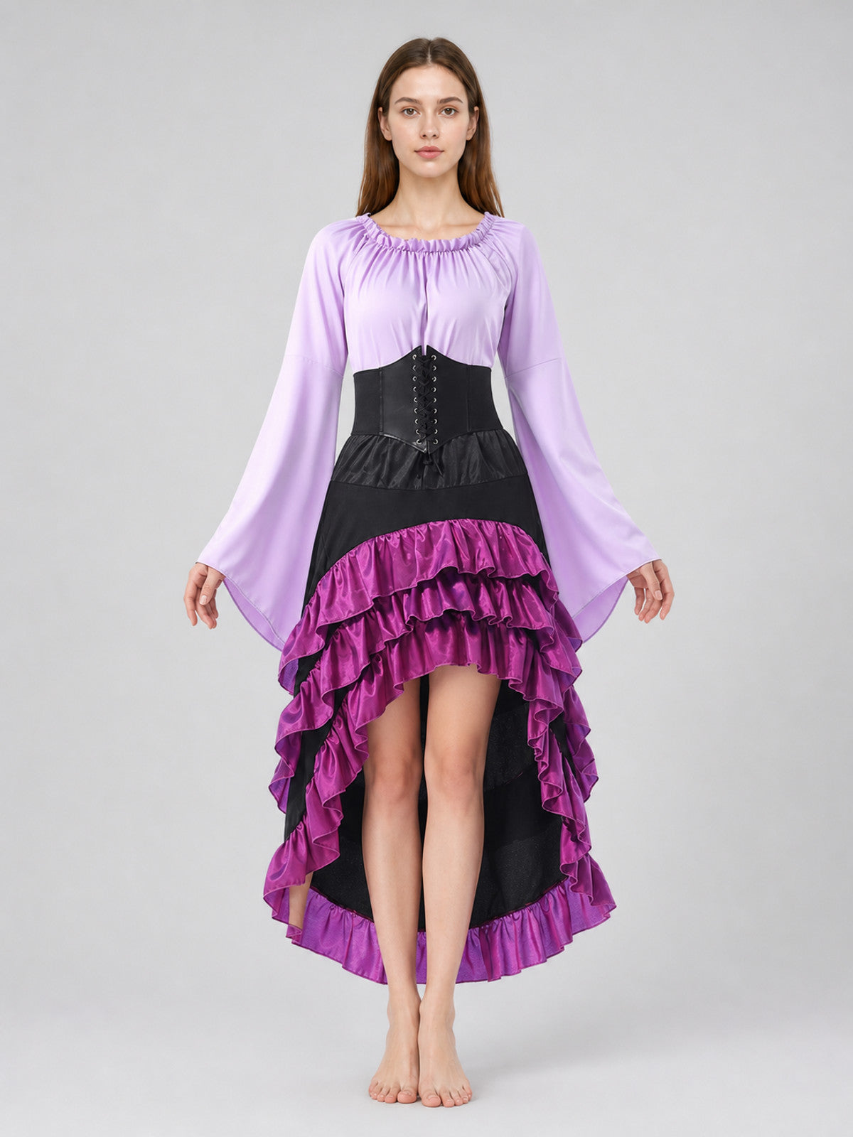 Asymmetrical Costume Dress with Ruffles and Corset Lacing front view